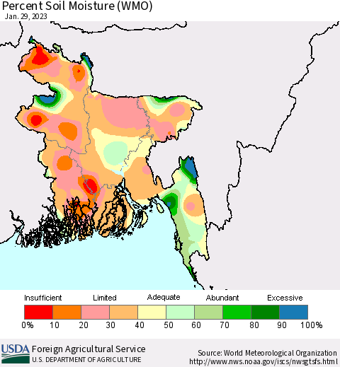 Bangladesh Percent Soil Moisture (WMO) Thematic Map For 1/23/2023 - 1/29/2023