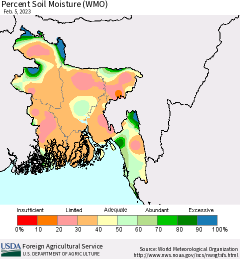 Bangladesh Percent Soil Moisture (WMO) Thematic Map For 1/30/2023 - 2/5/2023