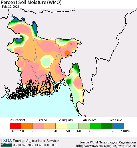 Bangladesh Percent Soil Moisture (WMO) Thematic Map For 2/6/2023 - 2/12/2023