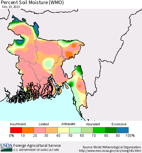 Bangladesh Percent Soil Moisture (WMO) Thematic Map For 2/13/2023 - 2/19/2023