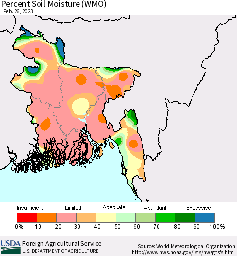 Bangladesh Percent Soil Moisture (WMO) Thematic Map For 2/20/2023 - 2/26/2023