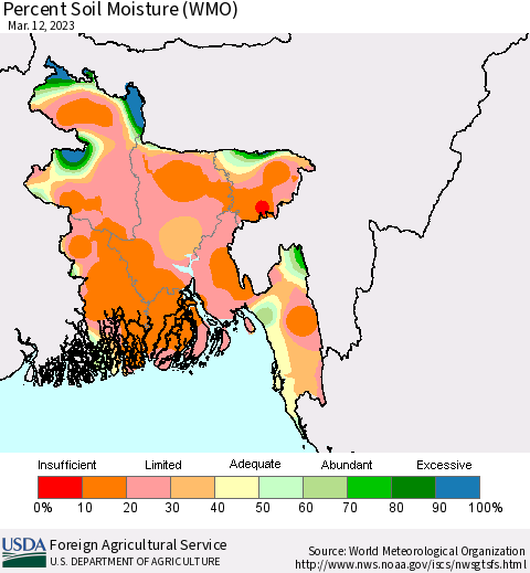 Bangladesh Percent Soil Moisture (WMO) Thematic Map For 3/6/2023 - 3/12/2023