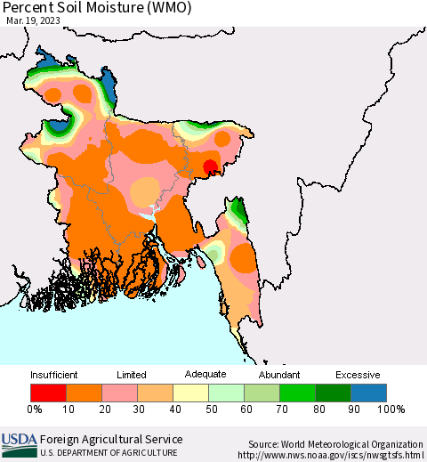 Bangladesh Percent Soil Moisture (WMO) Thematic Map For 3/13/2023 - 3/19/2023