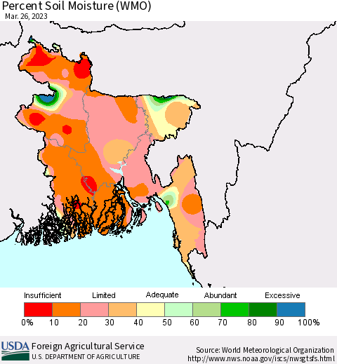 Bangladesh Percent Soil Moisture (WMO) Thematic Map For 3/20/2023 - 3/26/2023