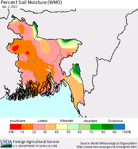 Bangladesh Percent Soil Moisture (WMO) Thematic Map For 3/27/2023 - 4/2/2023