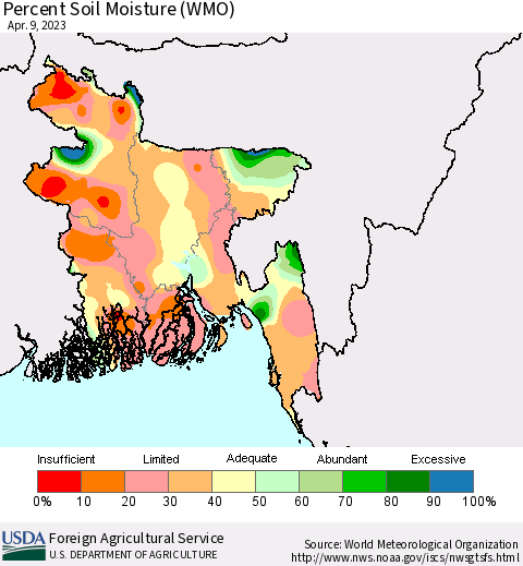 Bangladesh Percent Soil Moisture (WMO) Thematic Map For 4/3/2023 - 4/9/2023