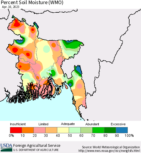 Bangladesh Percent Soil Moisture (WMO) Thematic Map For 4/10/2023 - 4/16/2023
