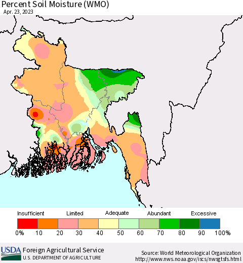 Bangladesh Percent Soil Moisture (WMO) Thematic Map For 4/17/2023 - 4/23/2023