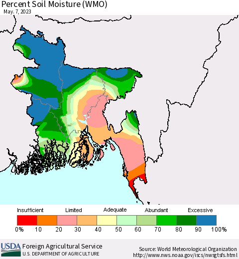 Bangladesh Percent Soil Moisture (WMO) Thematic Map For 5/1/2023 - 5/7/2023
