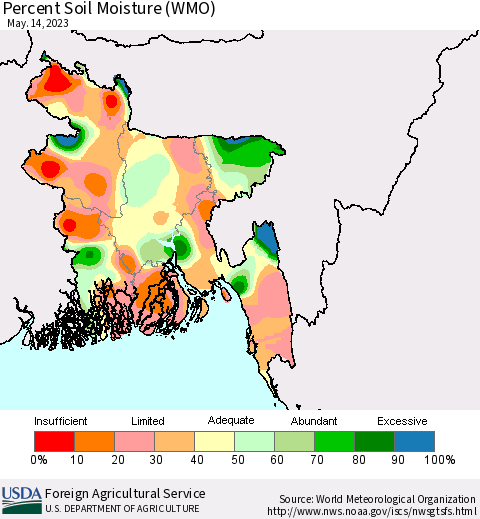Bangladesh Percent Soil Moisture (WMO) Thematic Map For 5/8/2023 - 5/14/2023