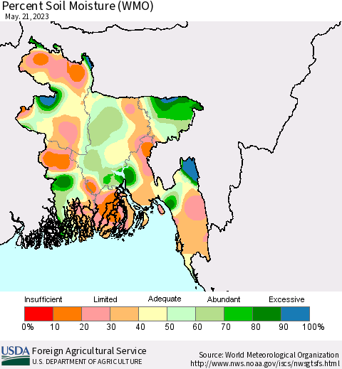 Bangladesh Percent Soil Moisture (WMO) Thematic Map For 5/15/2023 - 5/21/2023