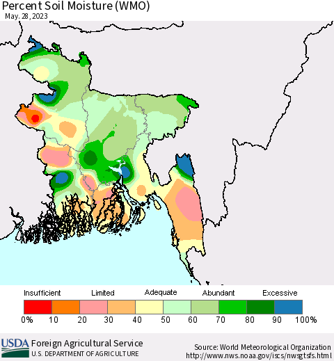 Bangladesh Percent Soil Moisture (WMO) Thematic Map For 5/22/2023 - 5/28/2023