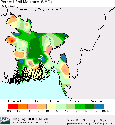 Bangladesh Percent Soil Moisture (WMO) Thematic Map For 5/29/2023 - 6/4/2023