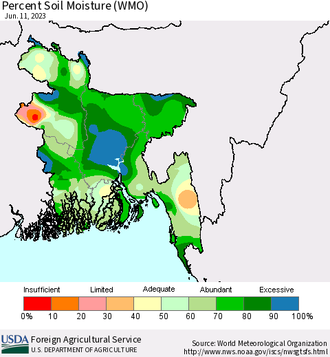 Bangladesh Percent Soil Moisture (WMO) Thematic Map For 6/5/2023 - 6/11/2023