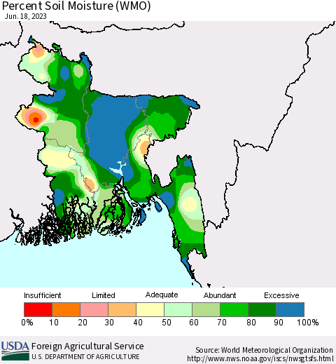 Bangladesh Percent Soil Moisture (WMO) Thematic Map For 6/12/2023 - 6/18/2023