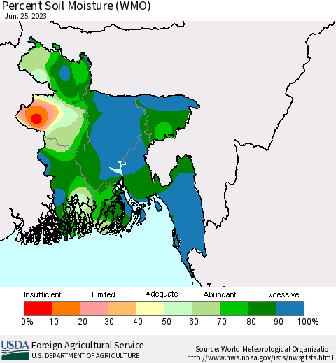 Bangladesh Percent Soil Moisture (WMO) Thematic Map For 6/19/2023 - 6/25/2023