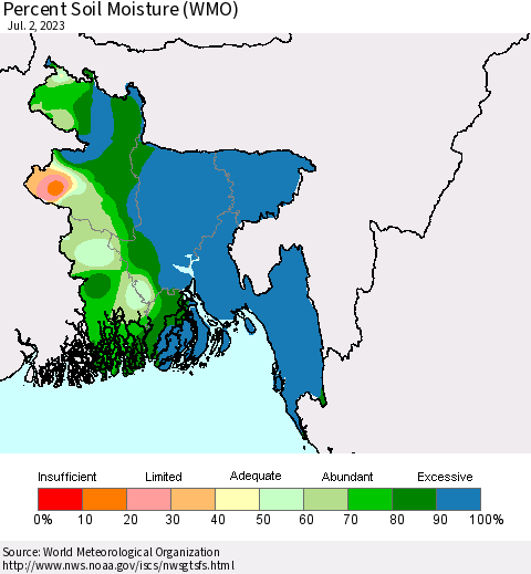 Bangladesh Percent Soil Moisture (WMO) Thematic Map For 6/26/2023 - 7/2/2023