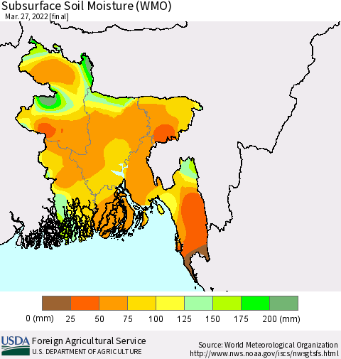 Bangladesh Subsurface Soil Moisture (WMO) Thematic Map For 3/21/2022 - 3/27/2022