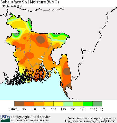 Bangladesh Subsurface Soil Moisture (WMO) Thematic Map For 4/4/2022 - 4/10/2022