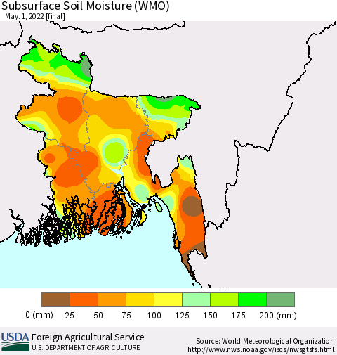 Bangladesh Subsurface Soil Moisture (WMO) Thematic Map For 4/25/2022 - 5/1/2022