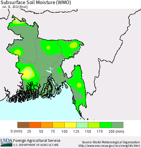 Bangladesh Subsurface Soil Moisture (WMO) Thematic Map For 7/25/2022 - 7/31/2022