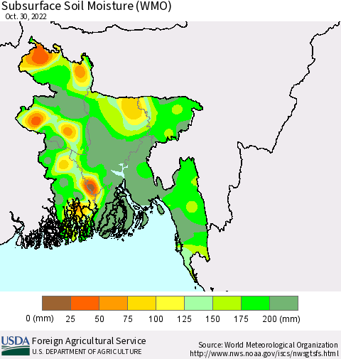 Bangladesh Subsurface Soil Moisture (WMO) Thematic Map For 10/24/2022 - 10/30/2022