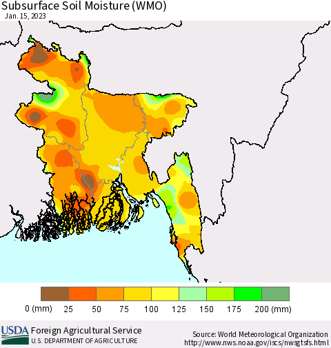 Bangladesh Subsurface Soil Moisture (WMO) Thematic Map For 1/9/2023 - 1/15/2023