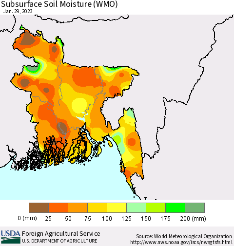 Bangladesh Subsurface Soil Moisture (WMO) Thematic Map For 1/23/2023 - 1/29/2023