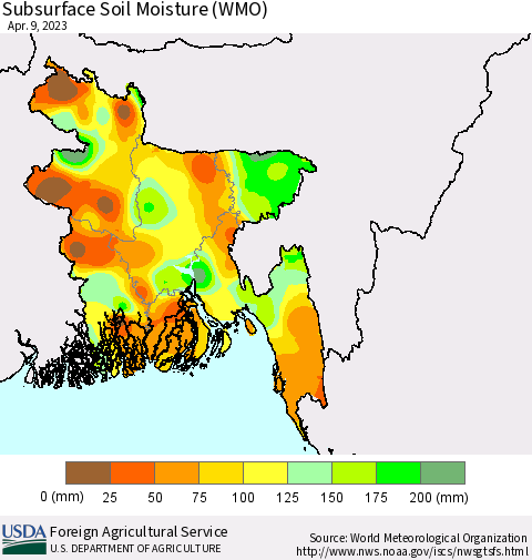 Bangladesh Subsurface Soil Moisture (WMO) Thematic Map For 4/3/2023 - 4/9/2023