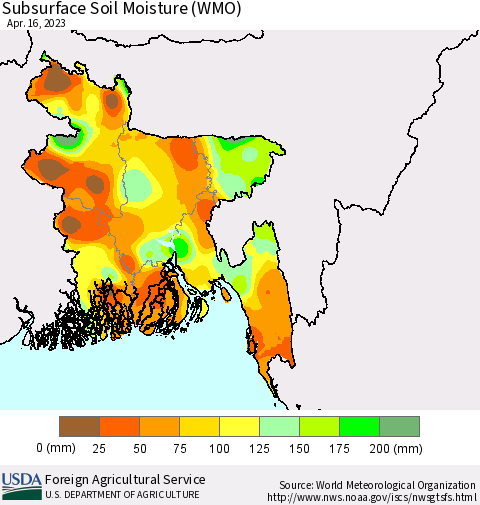 Bangladesh Subsurface Soil Moisture (WMO) Thematic Map For 4/10/2023 - 4/16/2023