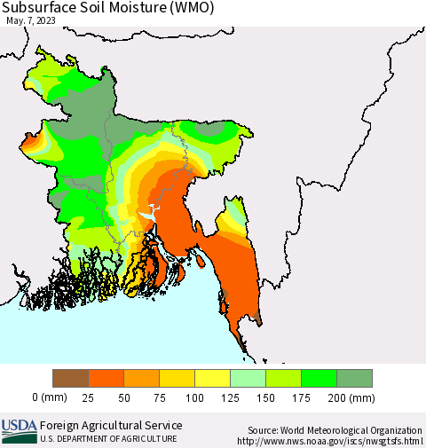 Bangladesh Subsurface Soil Moisture (WMO) Thematic Map For 5/1/2023 - 5/7/2023