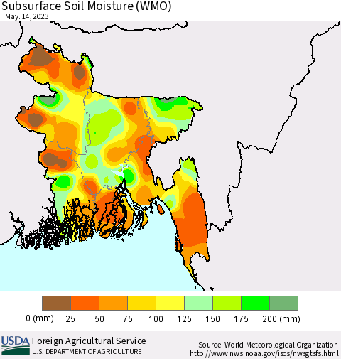 Bangladesh Subsurface Soil Moisture (WMO) Thematic Map For 5/8/2023 - 5/14/2023