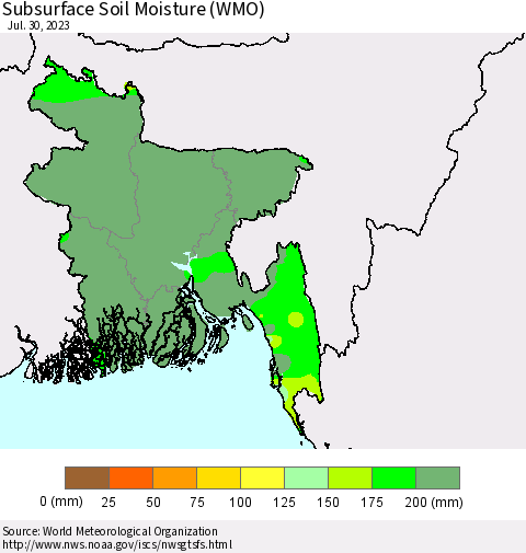 Bangladesh Subsurface Soil Moisture (WMO) Thematic Map For 7/24/2023 - 7/30/2023