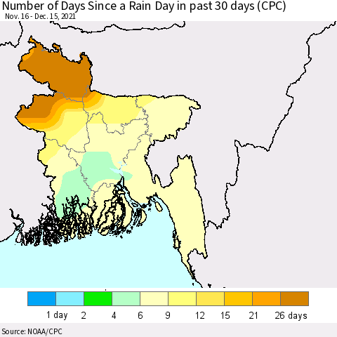 Bangladesh Number of Days Since a Rain Day in past 30 days (CPC) Thematic Map For 12/11/2021 - 12/15/2021