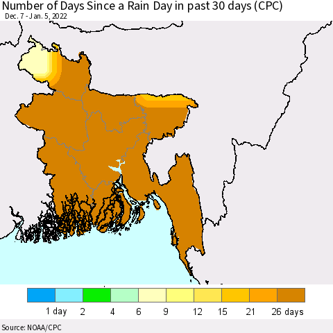 Bangladesh Number of Days Since a Rain Day in past 30 days (CPC) Thematic Map For 1/1/2022 - 1/5/2022