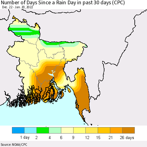Bangladesh Number of Days Since a Rain Day in past 30 days (CPC) Thematic Map For 1/16/2022 - 1/20/2022
