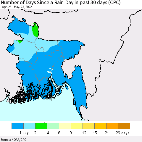Bangladesh Number of Days Since a Rain Day in past 30 days (CPC) Thematic Map For 5/21/2022 - 5/25/2022