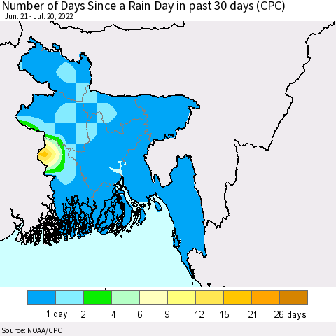 Bangladesh Number of Days Since a Rain Day in past 30 days (CPC) Thematic Map For 7/16/2022 - 7/20/2022
