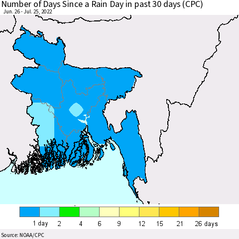 Bangladesh Number of Days Since a Rain Day in past 30 days (CPC) Thematic Map For 7/21/2022 - 7/25/2022