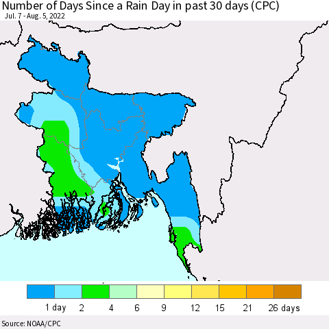 Bangladesh Number of Days Since a Rain Day in past 30 days (CPC) Thematic Map For 8/1/2022 - 8/5/2022