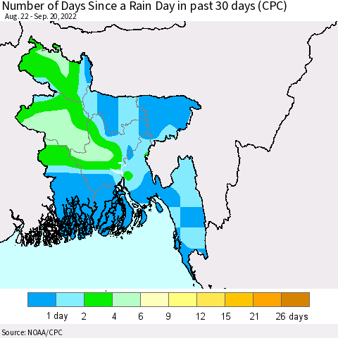 Bangladesh Number of Days Since a Rain Day in past 30 days (CPC) Thematic Map For 9/16/2022 - 9/20/2022