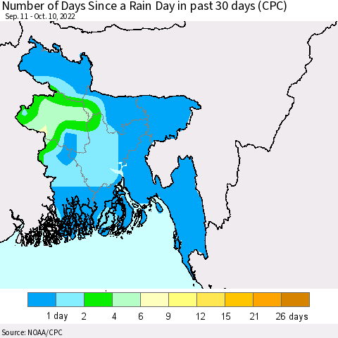 Bangladesh Number of Days Since a Rain Day in past 30 days (CPC) Thematic Map For 10/6/2022 - 10/10/2022