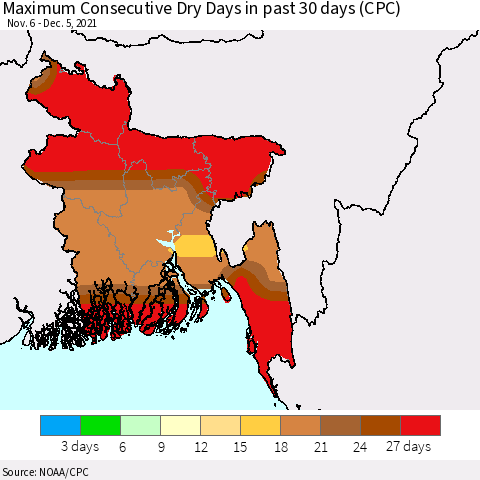 Bangladesh Maximum Consecutive Dry Days in past 30 days (CPC) Thematic Map For 12/1/2021 - 12/5/2021