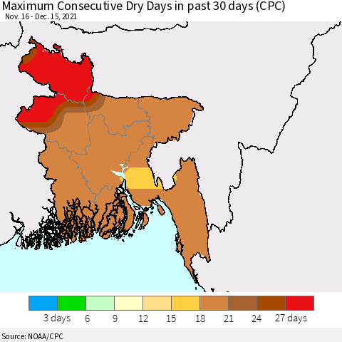 Bangladesh Maximum Consecutive Dry Days in past 30 days (CPC) Thematic Map For 12/11/2021 - 12/15/2021