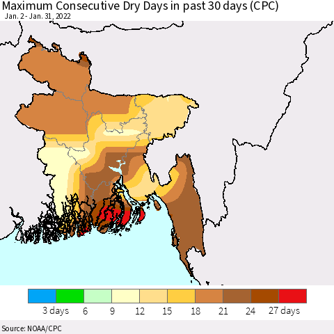 Bangladesh Maximum Consecutive Dry Days in past 30 days (CPC) Thematic Map For 1/26/2022 - 1/31/2022