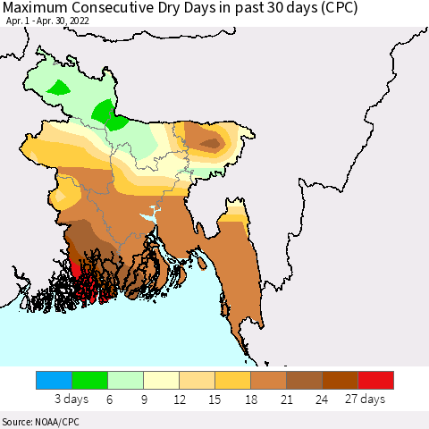 Bangladesh Maximum Consecutive Dry Days in past 30 days (CPC) Thematic Map For 4/26/2022 - 4/30/2022
