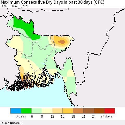 Bangladesh Maximum Consecutive Dry Days in past 30 days (CPC) Thematic Map For 5/6/2022 - 5/10/2022