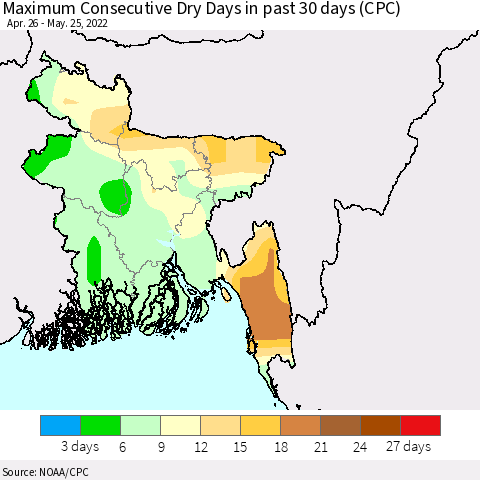 Bangladesh Maximum Consecutive Dry Days in past 30 days (CPC) Thematic Map For 5/21/2022 - 5/25/2022