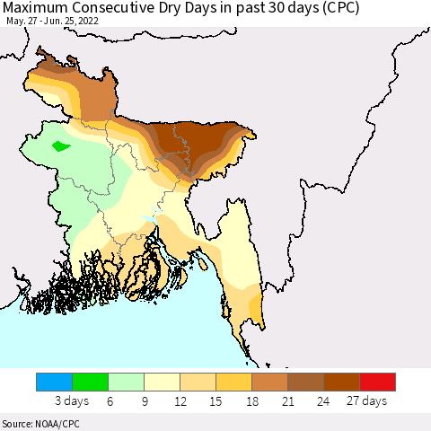Bangladesh Maximum Consecutive Dry Days in past 30 days (CPC) Thematic Map For 6/21/2022 - 6/25/2022