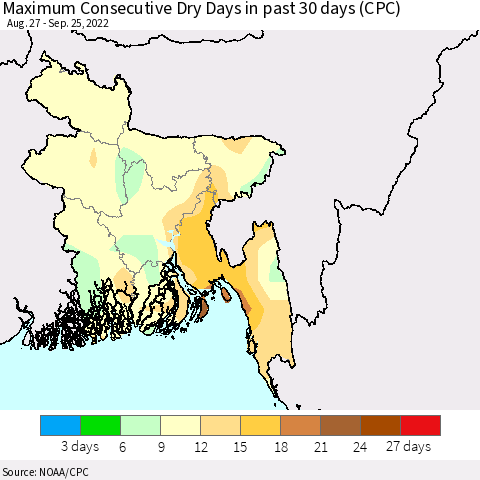 Bangladesh Maximum Consecutive Dry Days in past 30 days (CPC) Thematic Map For 9/21/2022 - 9/25/2022